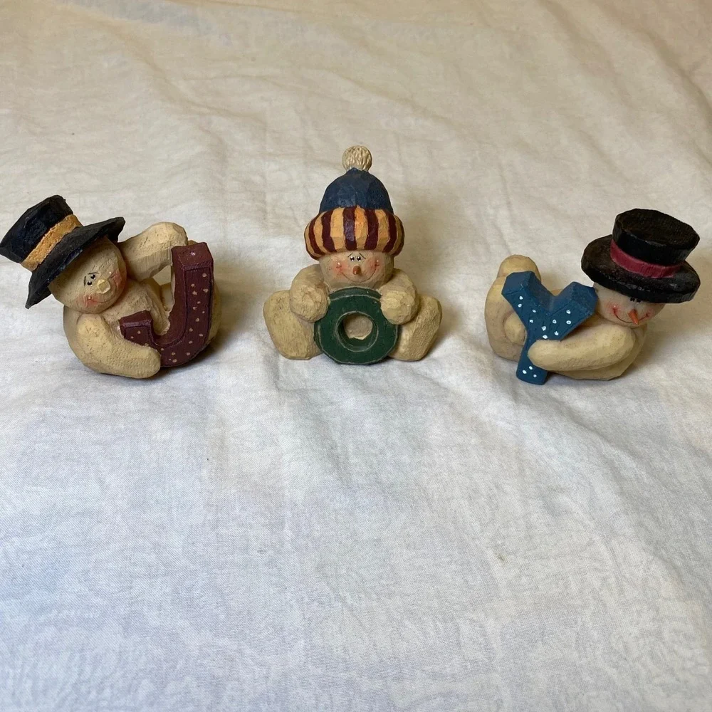 Vintage JOY Snowman Figurine Set Resin Christmas Holiday Decor 3 Piece